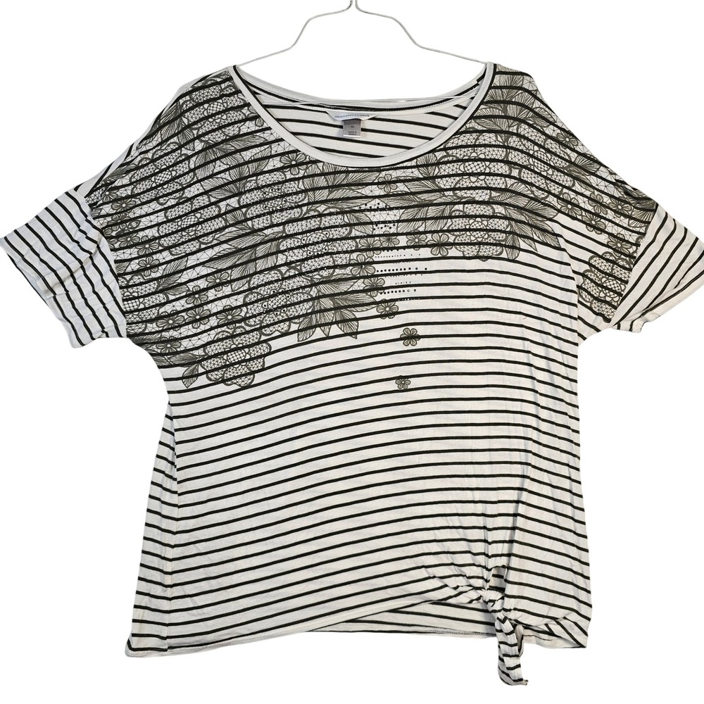 Christopher & Banks XL Striped Floral Lace Print Side Tie Short Sleeve Top White